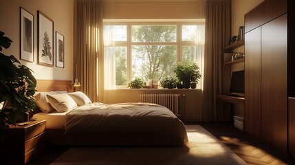 Fototapeta premium Cozy and sunlit modern bedroom interior with natural elements and stylish furnishings : Generative AI