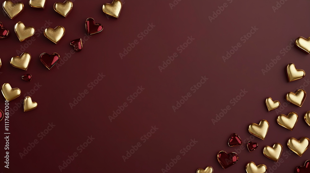 Fototapete luxurious valentine's day background featuring a rich burgundy base with scattered gold foil heart s