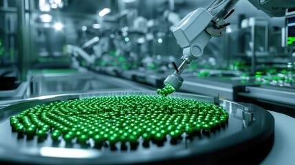 Obraz premium Robotic arm placing green pills onto a conveyor belt in a factory. Illustrates automated pharmaceutical production and quality control.