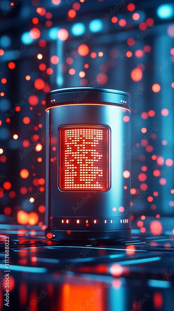 Aufkleber Futuristic Digital Cylinder with Vibrant Red Display in Sci Fi Tech Scene : Generative AI