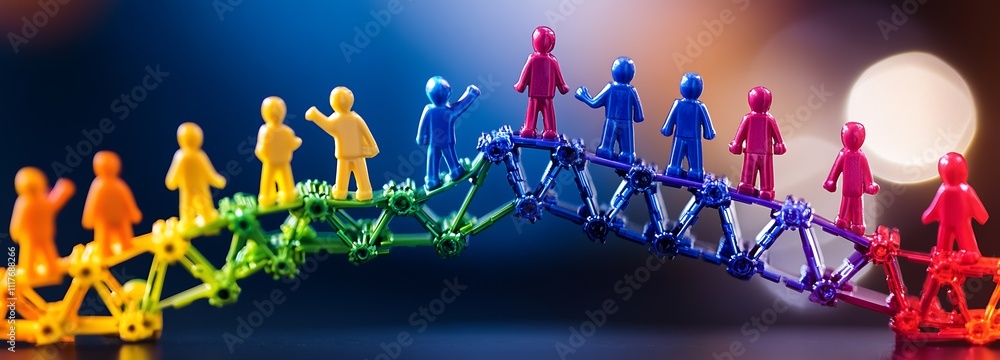 Poster rainbow plastic figures collaborating on a creative and colorful structure uniting people : generati