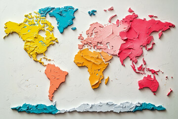 Colorful textured world map with continents made of textured plaster paint on solid background