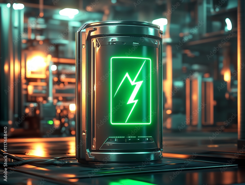 Poster cutting-edge green energy battery with futuristic neon design in high-tech industrial lab setting : 