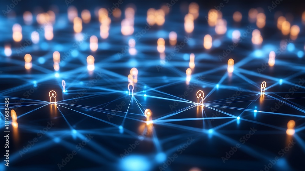 Aufkleber Connected Light Bulb Filaments in an Abstract Blue Digital Network Grid : Generative AI