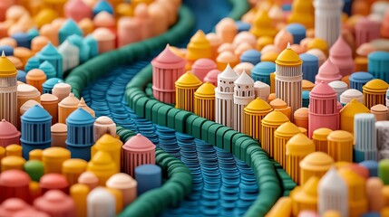 A vibrant, colorful miniature cityscape with buildings, a river, and lush greenery, showcasing a whimsical and playful design.