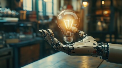 A Robotic Hand Holds a Glowing Light Bulb