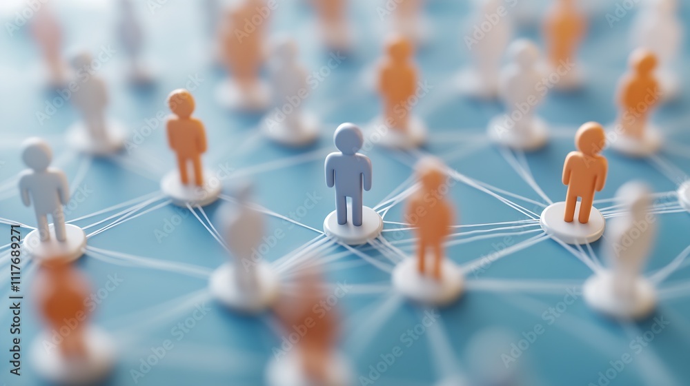 Poster abstract human network with focused central figure on blue background : generative ai