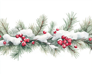 Festive Winter Celebration with Artistic Ornaments. Snow covered evergreen branches adorned with red berries, creating festive and serene winter garland