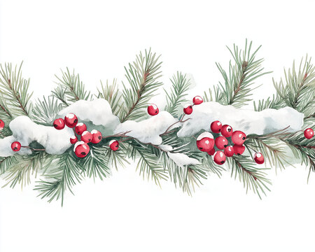 Festive Winter Celebration with Artistic Ornaments. Snow covered evergreen branches adorned with red berries, creating festive and serene winter garland