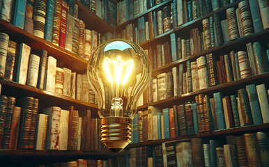 Illuminating Ideas: A luminous light bulb shines brightly in a detailed library setting, suggesting knowledge and insight.