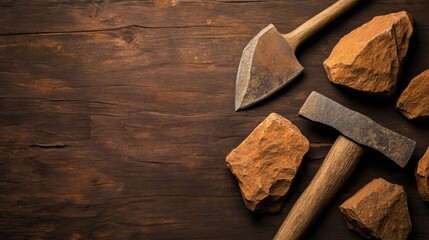 Close-up of ancient stone tools, sharp flint knives, and polished axes on a weathered wooden surface, symbolizing prehistoric craftsmanship and the dawn of human ingenuity