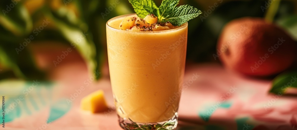 Poster close up of a refreshing mango smoothie with fresh mint garnish.
