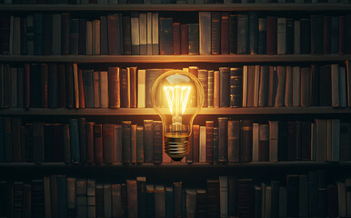 Knowledge in the Archives: An illuminated light bulb, the symbol of an idea, illuminates a darkened library with many books, each a vault of knowledge. 
