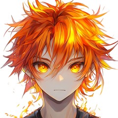 Fiery Orange Hair Anime boy with sharp yellow eyes, on a white background.