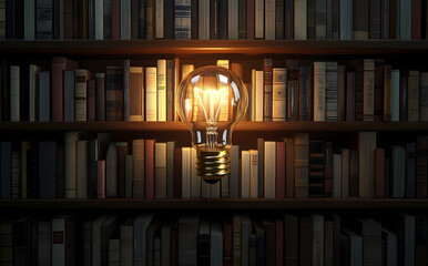 Illumination in Knowledge: A glowing light bulb illuminates a dark library, with a multitude of books filling the shelves, representing the power of knowledge and ideas.