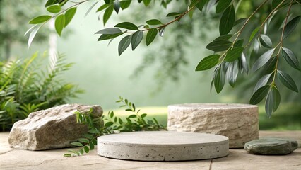 Natural stone and concrete podium in Natural green background for Empty show for packaging product presentation. Background for cosmetic products, the scene with green leaves. Mock up the pedestal.