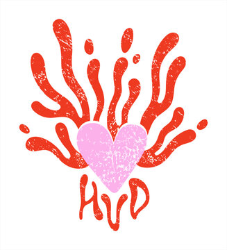 Happy Valentine's Day trendy modern greeting card, surreal groovy graphic design element. Textured flaming heart with fluid organic lines, blob shape wavy rounded tentacles, sprouts. HVD lettering.