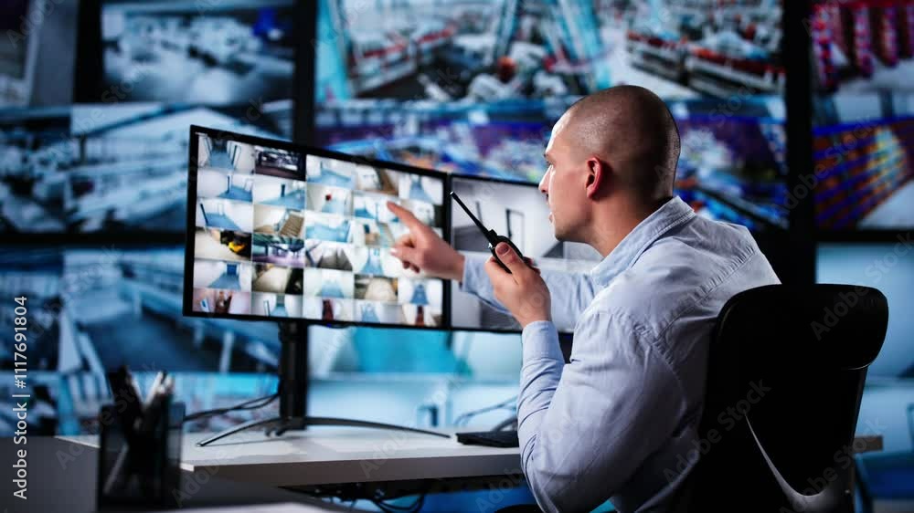 Poster security system cctv monitor room. man using walkie talkie