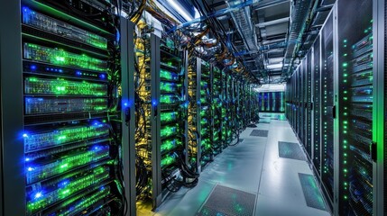 Fototapeta premium Illuminated Server Room: A Glimpse into the Digital Core