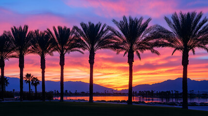 Obraz premium Silhouette Palm Trees at Vibrant Sunset Over Mountains