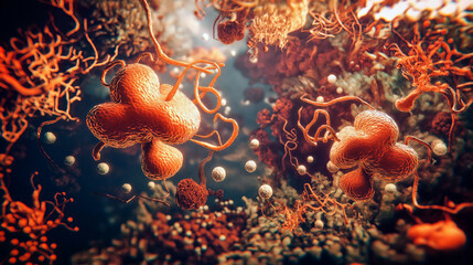 Microscopic view of cell elements interacting in human metabolism