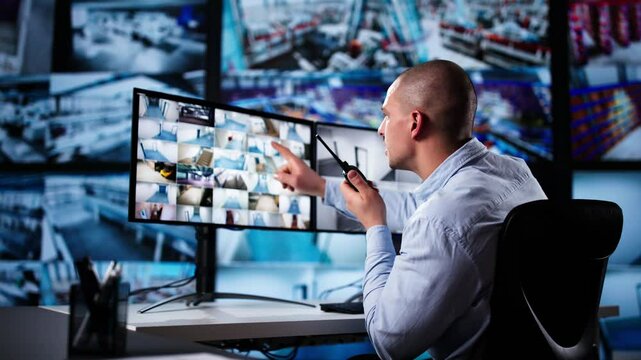 Security System Cctv Monitor Room. Man Using Walkie Talkie