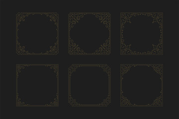 Luxury vintage floral motif golden swirl ornate frame with corner set vector illustration. Classical royal Victorian vignette filigree calligraphic design element for antique greeting card book cover