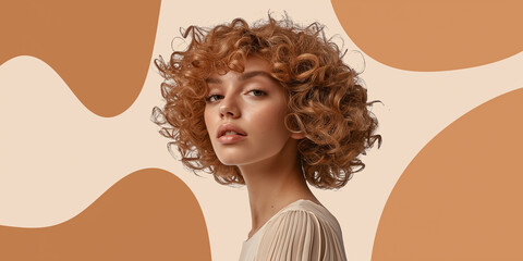 Elegantes Fashionmodel mit voluminösen Locken posiert stilvoll für Friseurfotografie, professionelles Haarstyling, glamouröses Beauty-Portrait