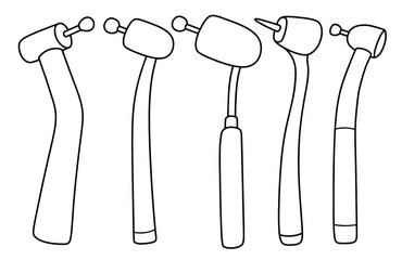 Hand drawn outline dental drill . medical tool doodle set with art line style on isolated white background.