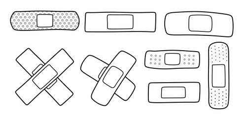 Hand drawn outline medical plaster. medical doodle set with art line style on isolated white background.