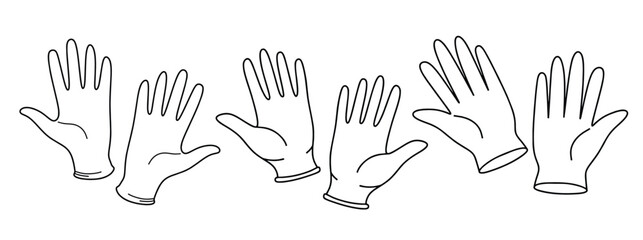 Hand drawn outline medical gloves. medical doodle set with art line style on isolated white background.