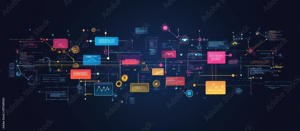 Poster abstract digital network with colorful nodes and lines connecting, data visualization, digital world