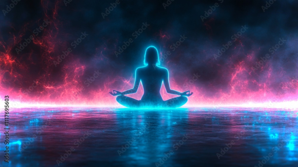 Poster abstract neon outline of a meditation cushion in a serene setting with glowing elements
