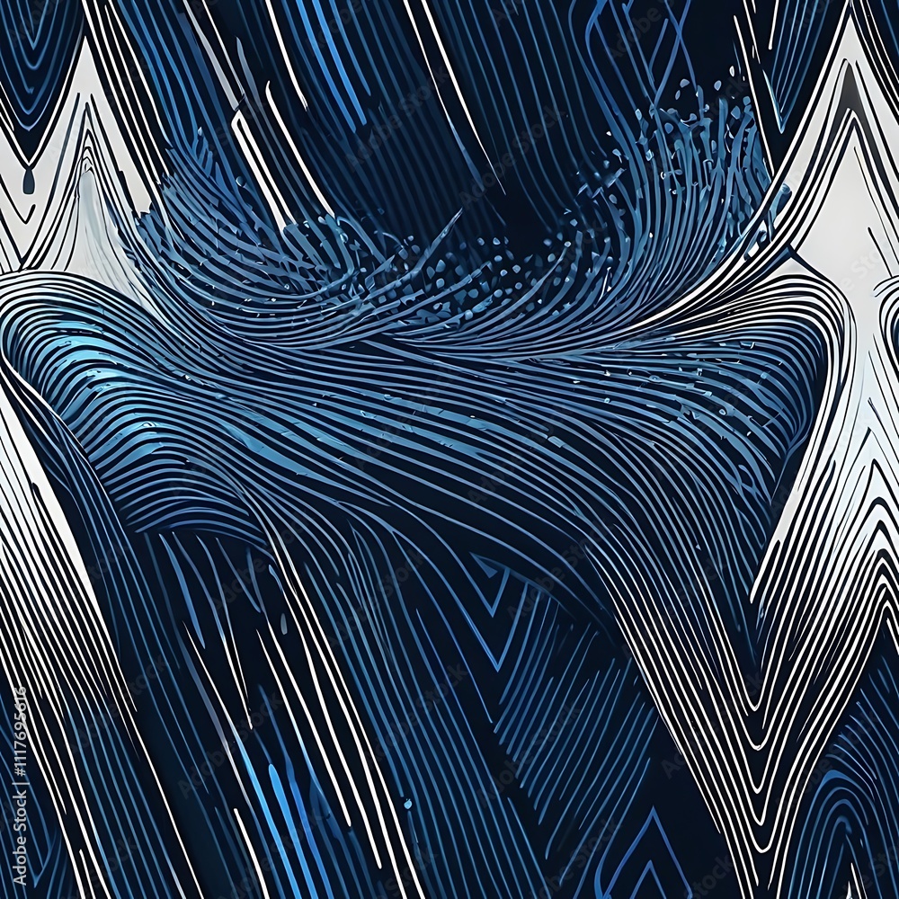 Poster Abstract Digital Flow: A mesmerizing pattern of swirling, intersecting lines in shades of blue, white, and black creates a dynamic and visually captivating abstract design. Perfect for tech, design.
