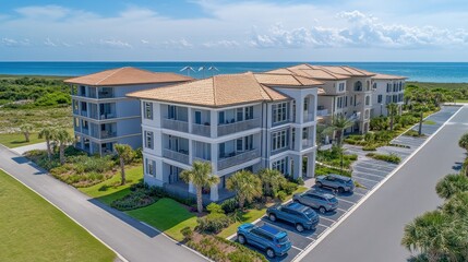 Fototapeta premium Luxury beachfront condos with ocean views. Perfect for real estate, travel, or vacation rentals.