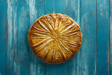 Exquisite pastry delight: A single, tantalizing pastry sits regally on a vibrant wooden surface, a visual feast that beckons with its intricate golden crust, a symphony of textures and flavors.