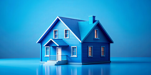 This bright blue house features a quaint design with a front porch and glowing windows, creating a warm and inviting atmosphere in a tranquil setting