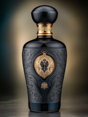 A luxurious black and gold perfume bottle with intricate detailing and elegant engraving, representing sophistication, opulence, and timeless fragrance design.