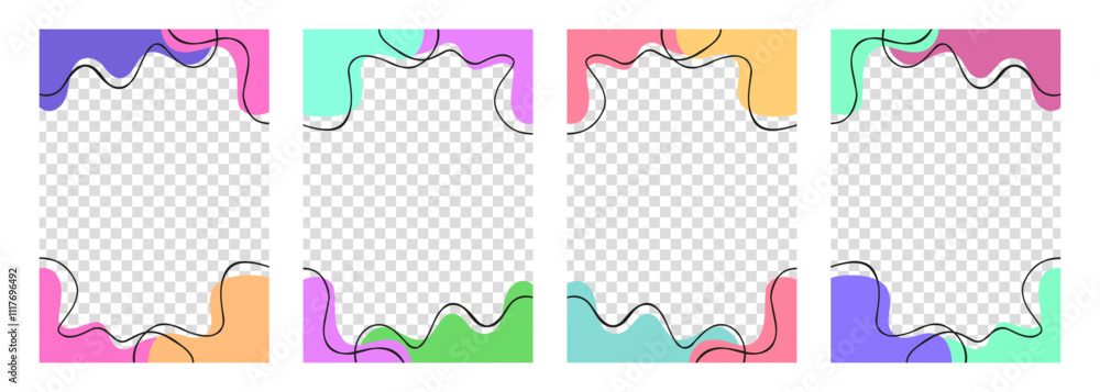 Poster Set of abstract backgrounds with various curved color shapes and black wavy lines for creative graphic design. Transparent background. Vector illustration.	