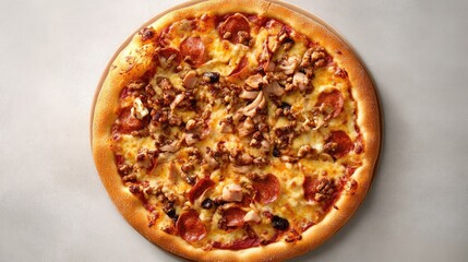 Delicious meat lovers pizza with pepperoni, chicken, and olives on a wooden board.