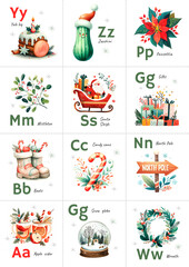 Twelve educational cards for preschool children, which depict letters and illustrations of Christmas, designed to teach kids the alphabet. Watercolor illustration in pastel colors.