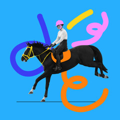 Young female rider in pink helmet sitting on black horse against vibrant blue background with...