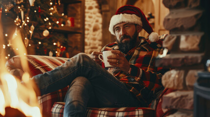 Obraz premium person with a cup of coffee and santa clause hat