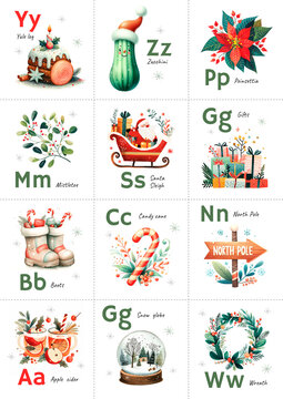 Twelve educational cards for preschool children, which depict letters and illustrations of Christmas, designed to teach kids the alphabet. Watercolor illustration in pastel colors.