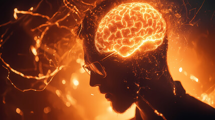 Mind's Illuminated Landscape: A person's silhouette is overlaid with a glowing brain, symbolizing the depths of thought, ideas, knowledge, and creativity within a dynamic and fiery visual.