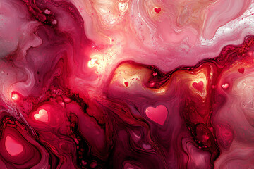 Abstract love-inspired digital art featuring soft pink hues, deep red highlights, scattered glowing hearts, and an ethereal glowing effect


