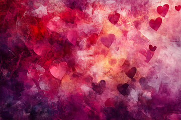 Abstract love-inspired digital art featuring soft pink hues, deep red highlights, scattered glowing hearts, and an ethereal glowing effect


