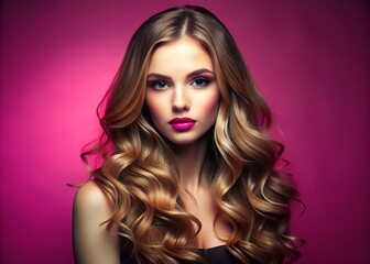 Fototapeta premium Stylish portrait of a young woman with radiant hair, set against a vivid pink backdrop with subtle lighting, conveying modernity, beauty, and confidence.