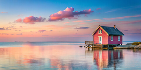 Fototapeta premium A quaint pink cottage sits on stilts at the water's edge, surrounded by tranquil waters reflecting a colorful sunset. Soft clouds drift across the sky, enhancing the peaceful atmosphere