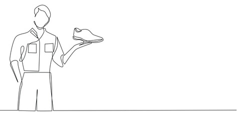 continuous line drawing of shoe sales advertisement.one line drawing of man lifting shoe with left hand.single line vector illustration of shoe advertising.isolated white background